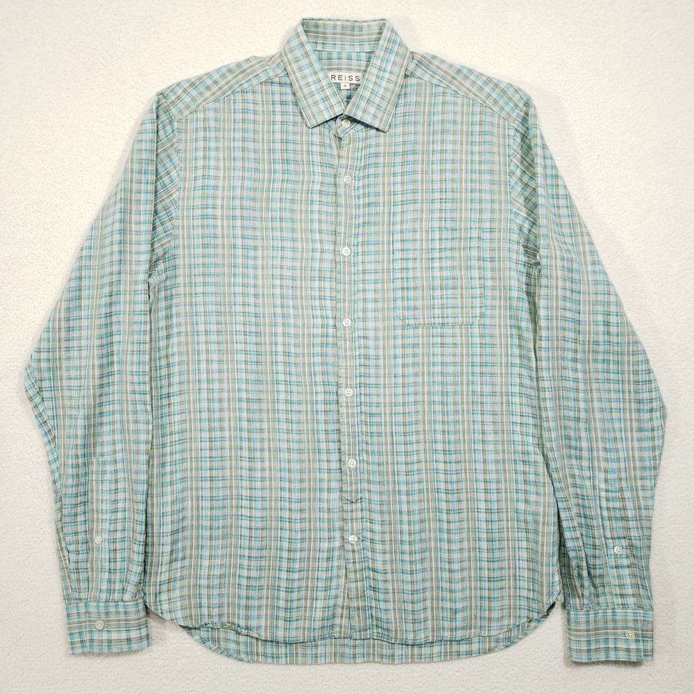 REISS Button Up Shirt Mens Medium Teal Tan Plaid Linen Cotton Roll Tab Sleeve